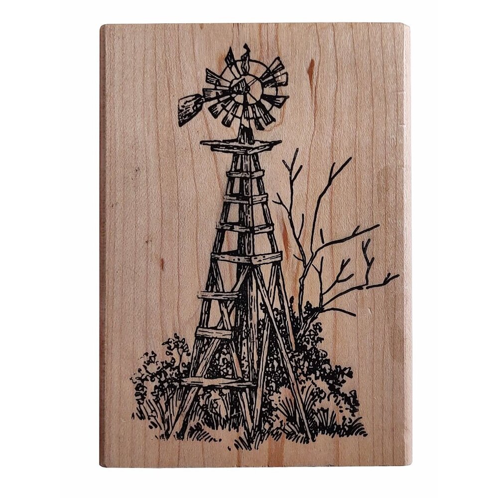 B & Js Art Stamps Large Wooden Rubber Stamp Windmill Design By Judy Duke